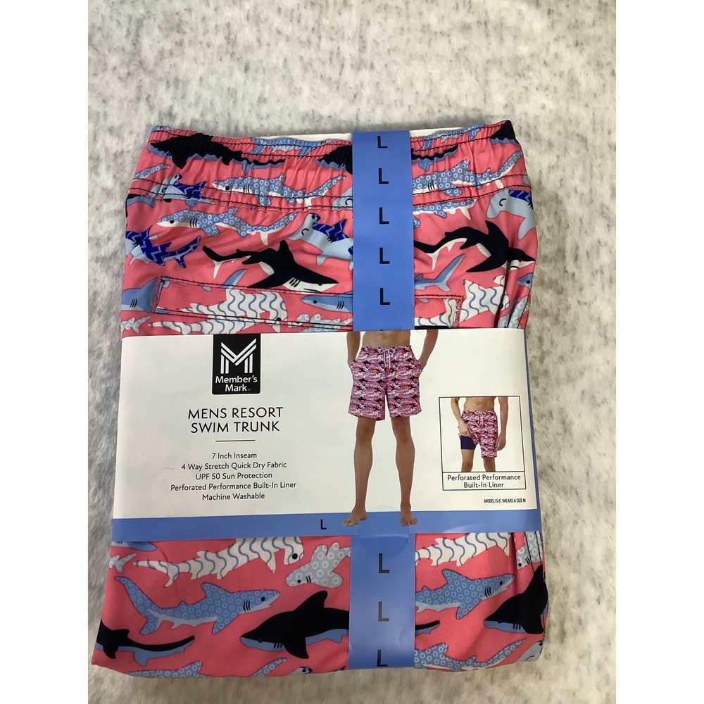 Member's Mark Mens Resort Swim Trunk Pink Shark Print 7 Inch Inseam Large L NEW‎